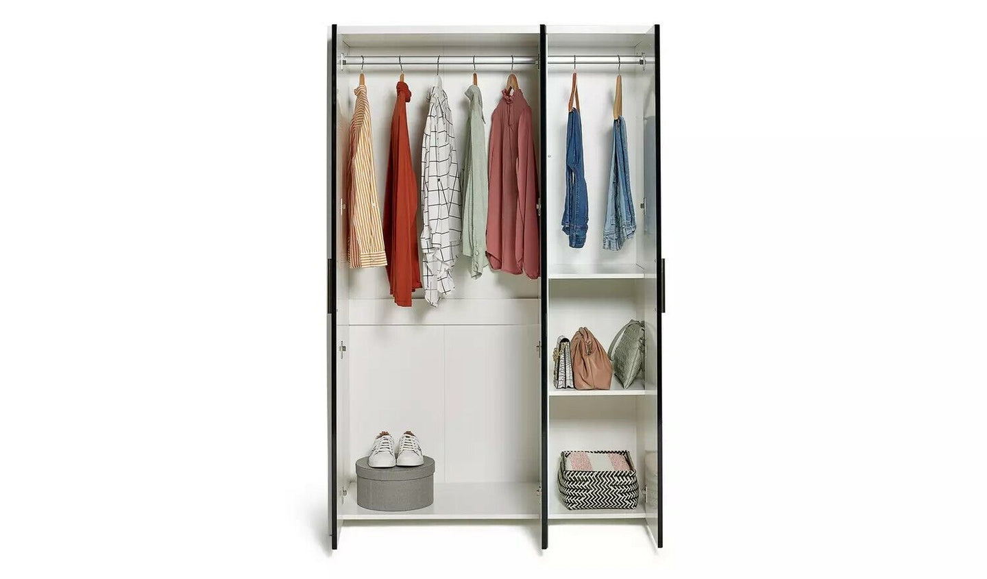 Broadway 3 Door Mirror Wardrobe - Black Gloss & White